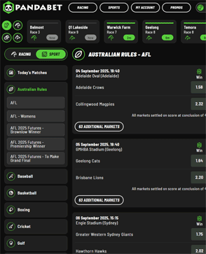 PandaBet navigation screenshot